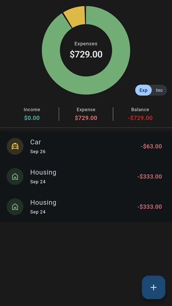 Walli in dark mode, with a category donut chart and recent transactions.