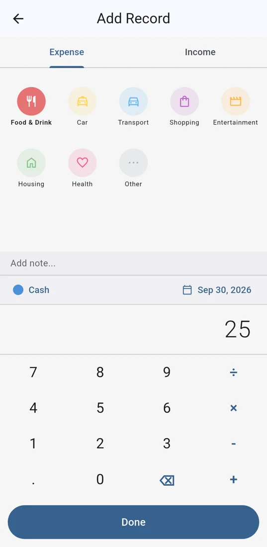 Walli expense entry screen with a category picker and calculator.